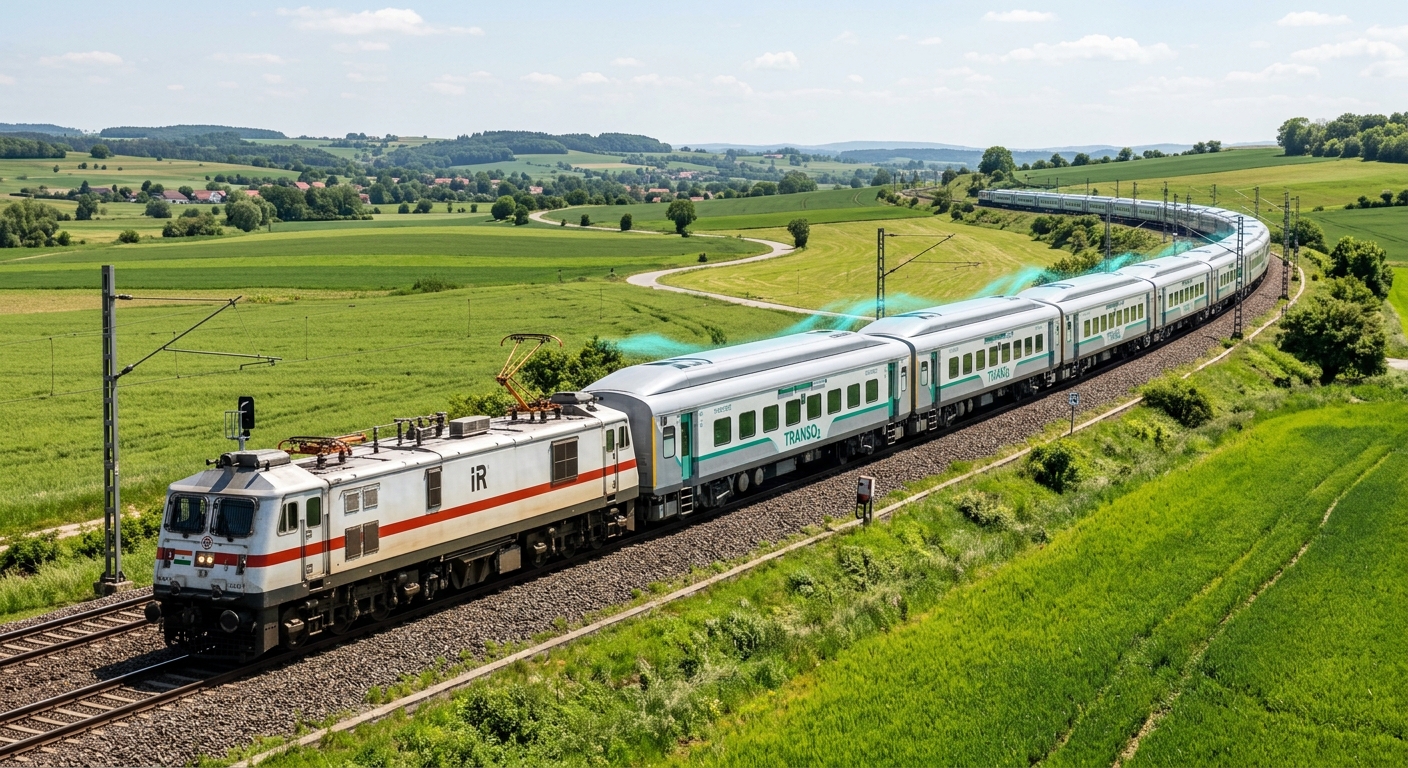 Modern railway coach with integrated environmental module travelling through lush green landscape